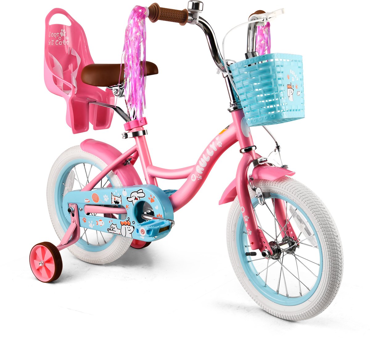 Vankel Kinderfiets 14 Inch – Met Steunwielen – Terugtraprem en Velgrem – Sterk Stalen Frame – Volledig Gesloten Kettingkast – Afneembare Fietsmand – Verstelbaar Zadel – Antislip Banden – Geschikt voor 2-4 Jaar – Duurzame Kinderfiets– Roze