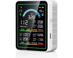 Luchtkwaliteitsmeter voor binnenshuis – 10-in-1 draagbare slimme luchtkwaliteitsmeter – voor CO₂, CO, TVOC, HCHO, PM0,3-1 en AQI – geschikt voor gebruik in huis, de auto, bij planten, huisdieren en in hotels – wit