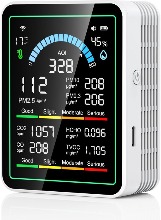 Witte 10-in-1 luchtkwaliteitsmeter met een digitaal scherm dat temperatuur, luchtvochtigheid, AQI, PM2.5, PM10, PM0.3, CO₂, CO, HCHO en TVOC weergeeft.