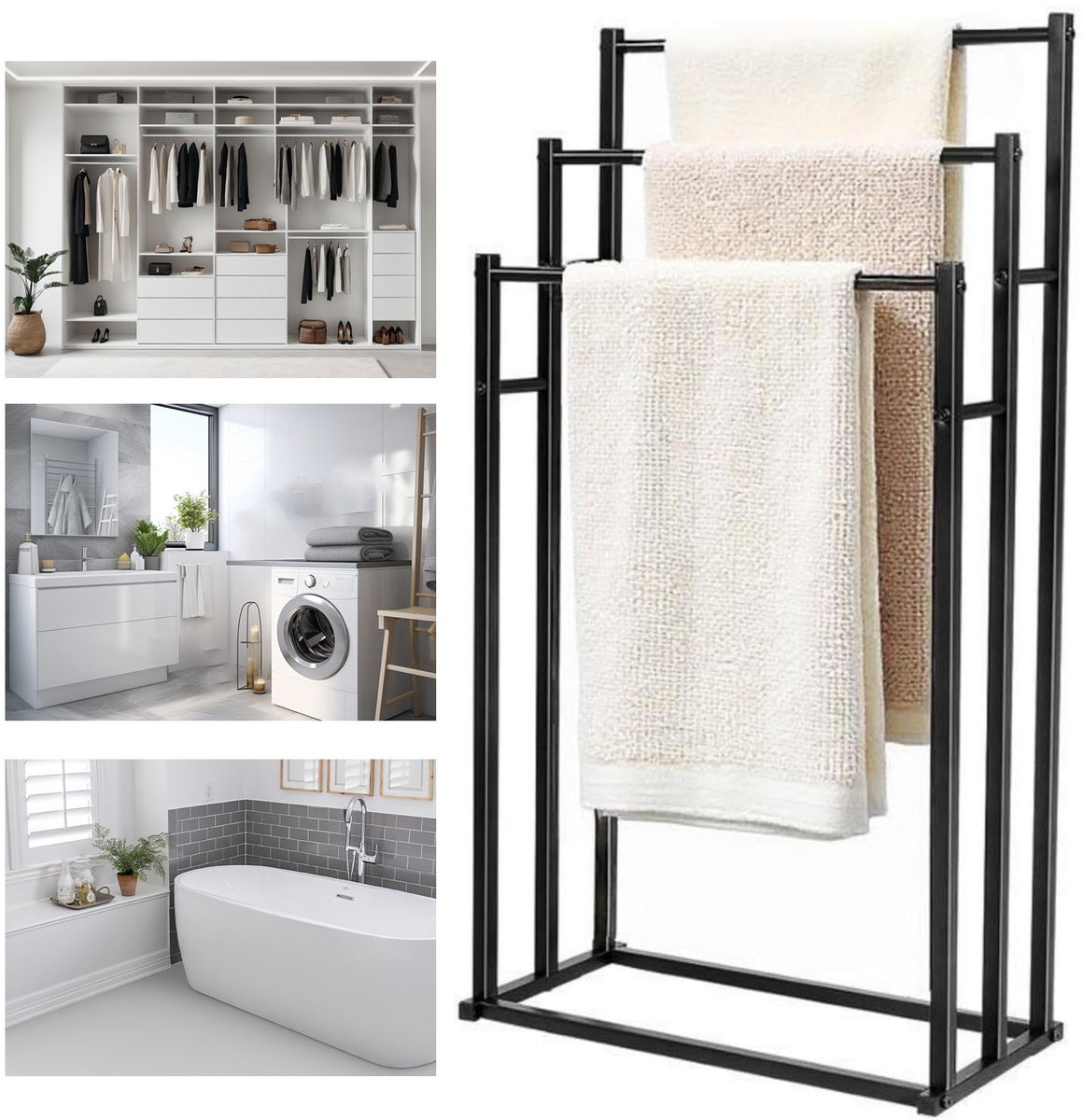 Vrijstaande Handdoekenstandaard Zwart 3 Stangen Zonder Boren – Gegalvaniseerd Staal 15 kg Draagkracht 5 kg per Stang – Luxe Badkamerrek voor Handdoeken Badjassen & Kleding – Voor Badkamer Slaapkamer Wasruimte & Kleedkamer – Afmetingen 86x21x44 cm