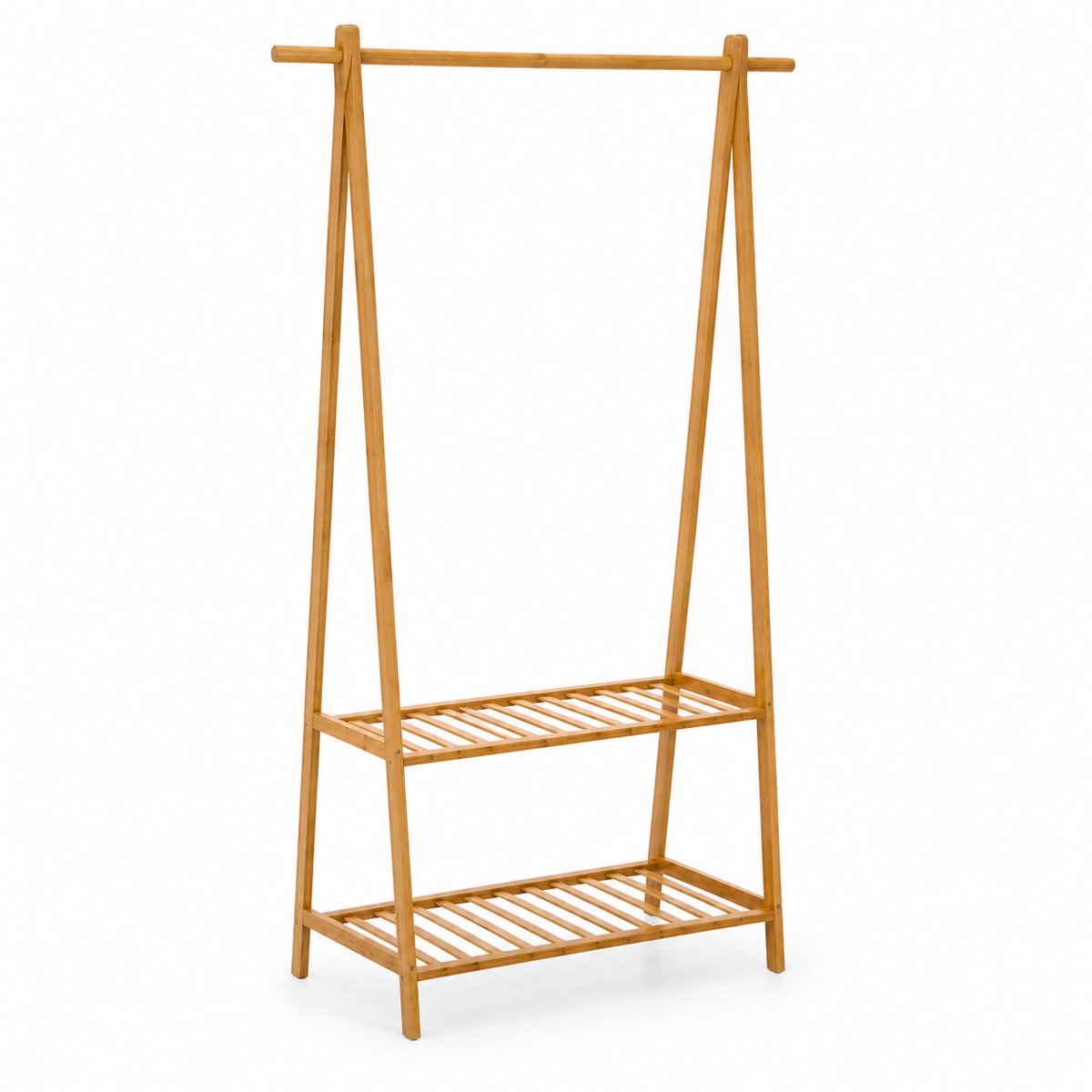 Bamboe Kledingrek met 2 Opbergplanken – Kledingstandaard – Garderoberek – 90 x 153 x 43 cm – Naturel