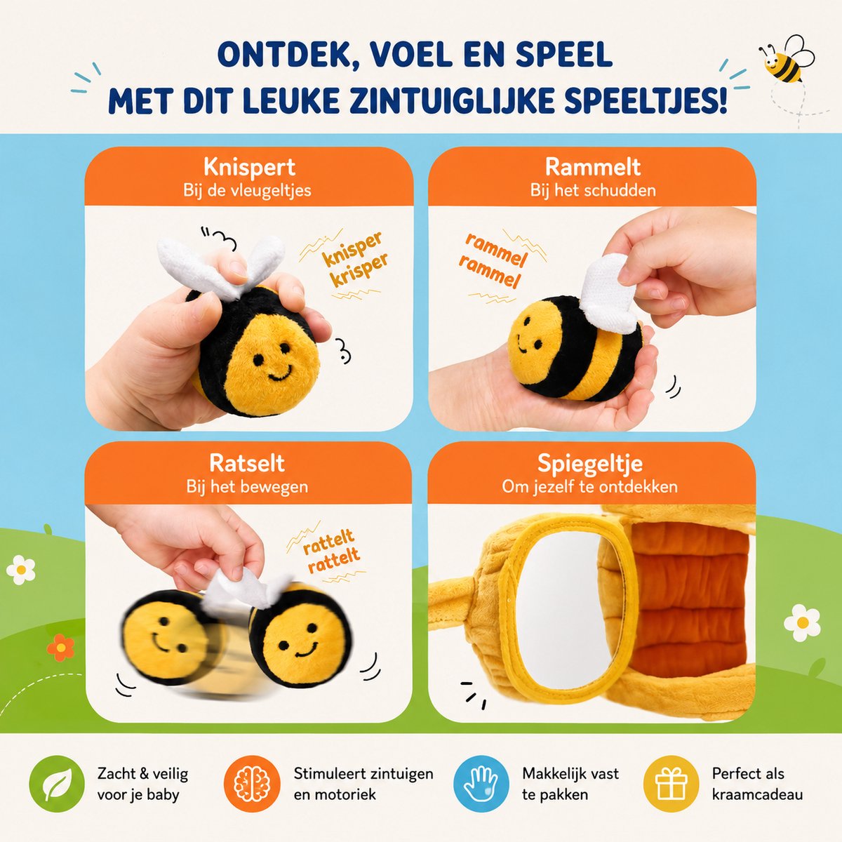Baby Sonrisa Montessori Bijenspeelgoed Baby – Sensorisch Speelgoed met Rammelaar & Knisper – Motoriek Ontwikkeling 6+ Maanden — afbeelding 4