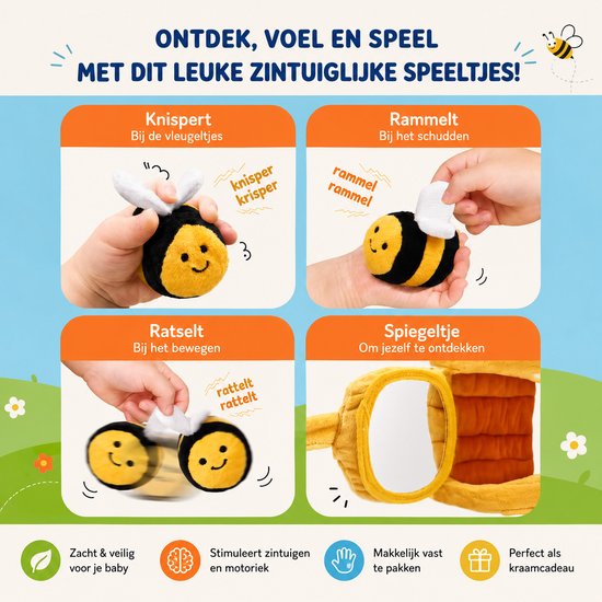Baby Sonrisa Montessori Bijenspeelgoed Baby - Sensorisch Speelgoed met Rammelaar & Knisper - Motoriek Ontwikkeling 6+ Maanden van Baby Sonrisa — afbeelding 4