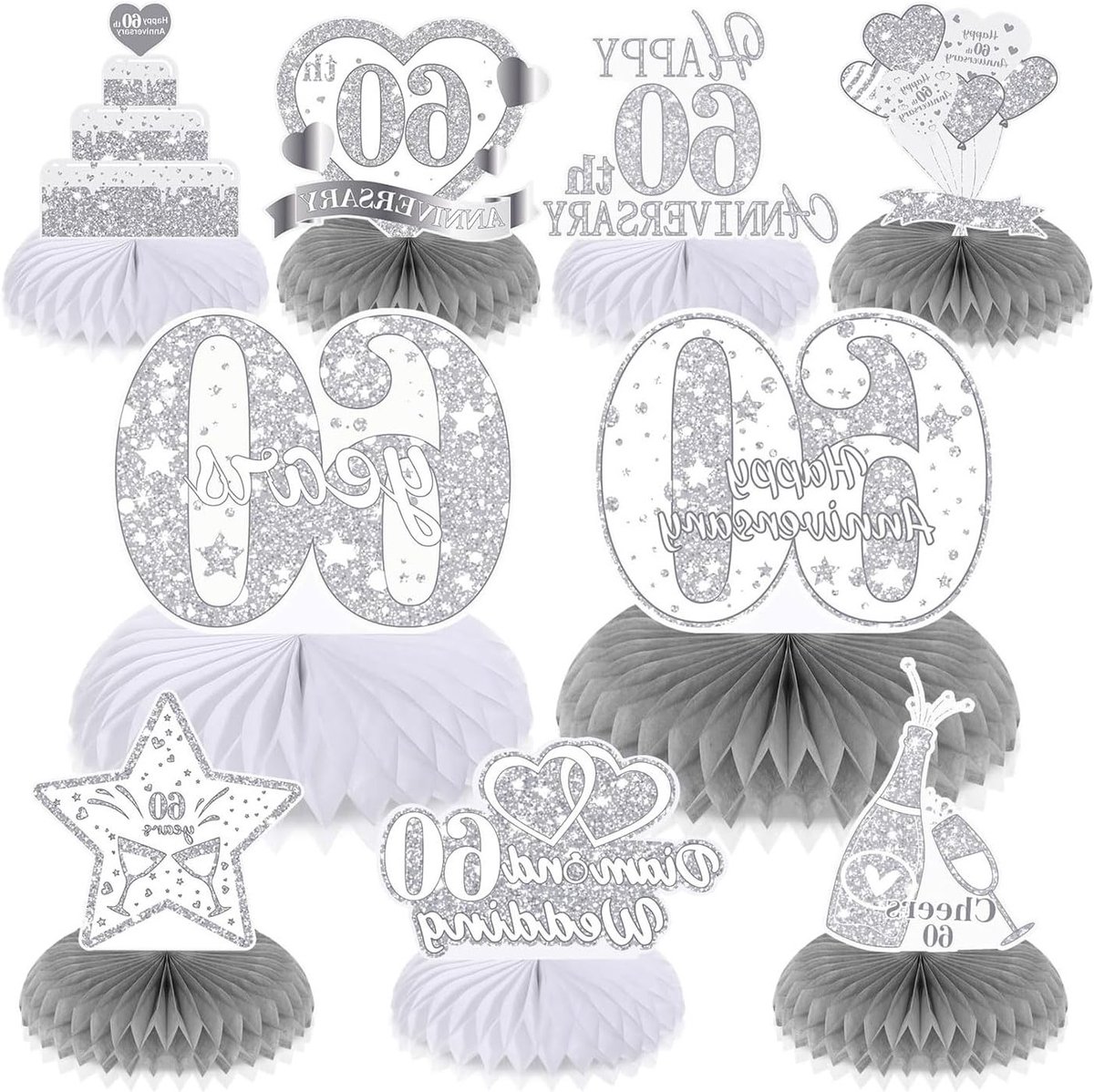 Verjaardagsdecoraties 60 Jaar - Diamant Honingraat Middenstuk voor Bruiloft en Jubileum, 9 Stuks, Feestversiering en Huwelijksviering