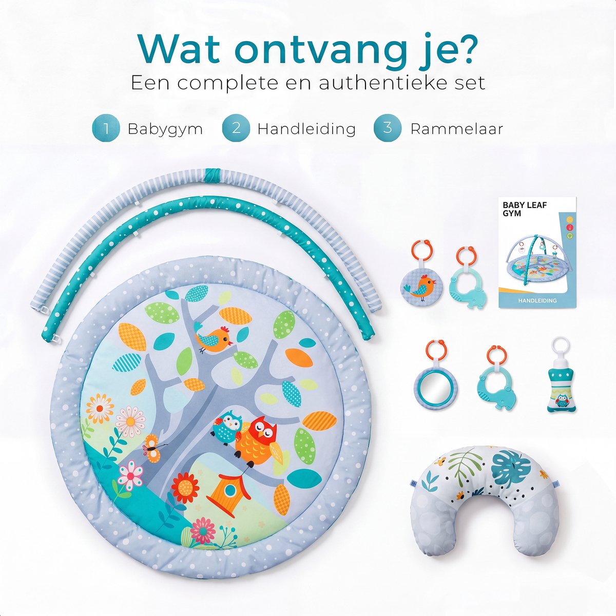 Babygym met boog - Speelmat - Baby speelgoed - Babyshower - Boxkleed - Speelkleed - Speelmat baby - 5 Speeltjes - Inclusief Rammelaar - Met speelboog - Blauw — afbeelding 10