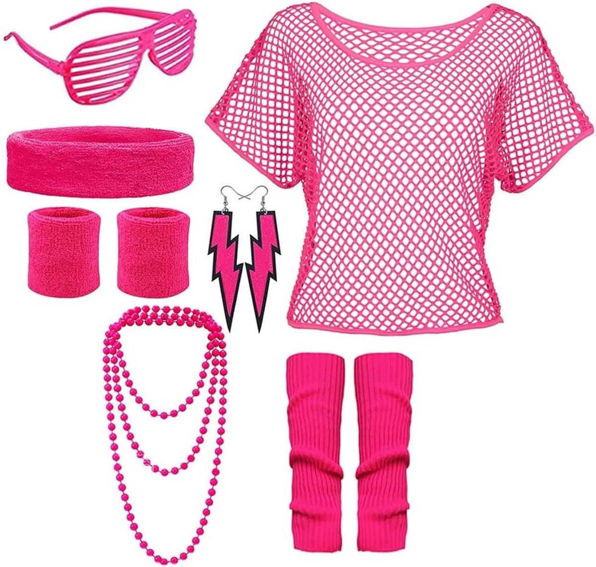 Vrouwelijk 80s en 90s kostuum met neon net, shirt, haarband, armbanden en brillen voor feesten en carnaval