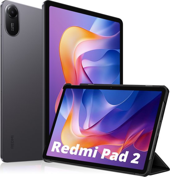 Grijze Redmi Pad 2 met cameramodule en beschermhoes.