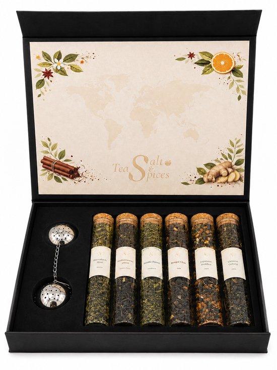 Luxe Theeset - 6 Soorten Losse Thee van Over de Hele Wereld - Inclusief Thee Infuser & Discovery Guide - Theeset Cadeau / Thee Cadeaupakket