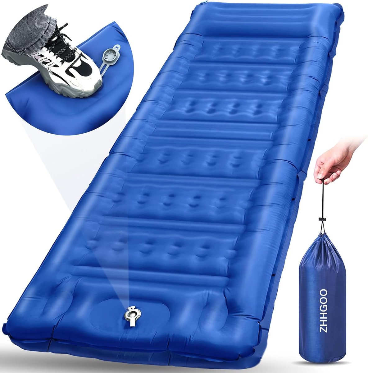 Ultralichte Zelfopblazende Slaapmat 1200g - Opvouwbaar met voetperspomp voor Kamperen en Wandelen - Autotochten - Tent - Blauw