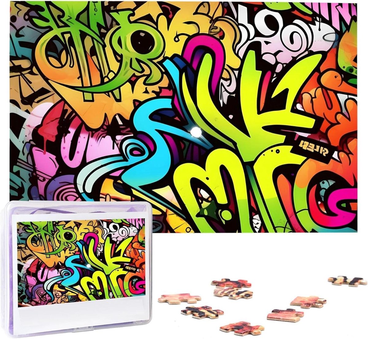 Fotopuzzel Hout - Gepersonaliseerde Puzzel Legpuzzel - Ontspanning Thuis - Levendige Kleuren - 1000 Stukjes - Graffiti Tekening