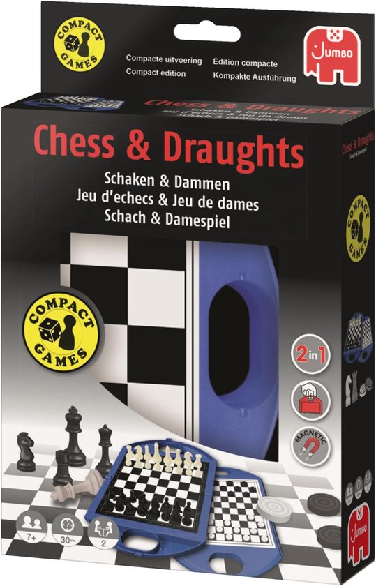 Doos van het spel "Chess & Draughts" van Jumbo. Zwart met schaakbord en speelstukken.
