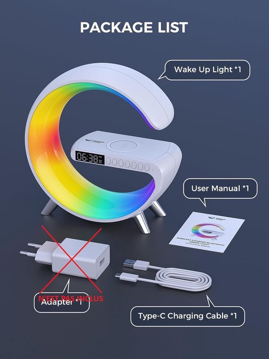 Slimme Wekker - Nachtlamp Speaker - Rustig Wakker Worden - Draadloze Oplaadfunctie - Groot Model - Wit van Merkloos — afbeelding 4