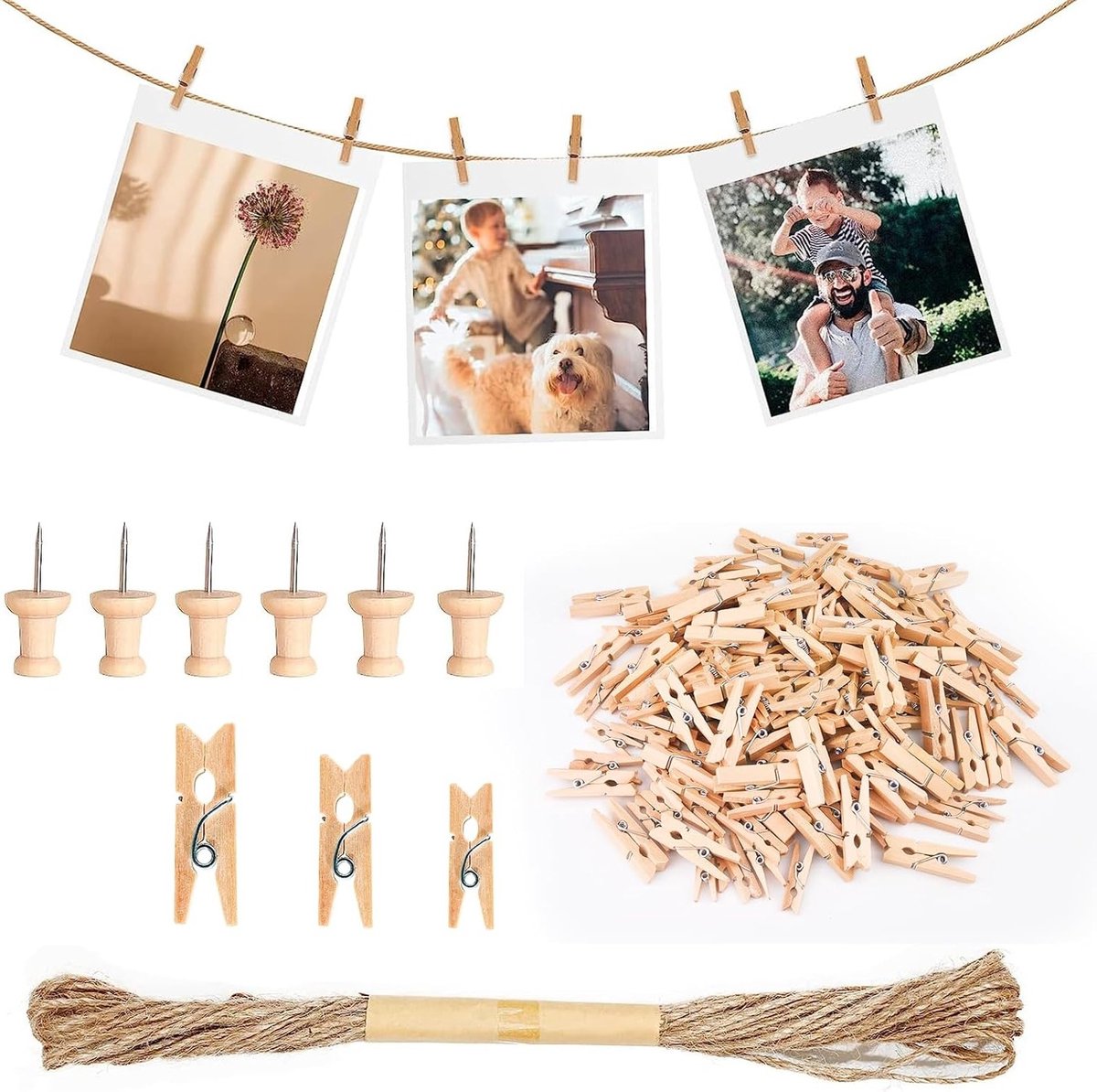 Houten Klemmen voor Foto's en Postkaarten, 160 Stuks, Inclusief Jute Touw en Spijkers voor Thuisdecoratie en Bruiloften