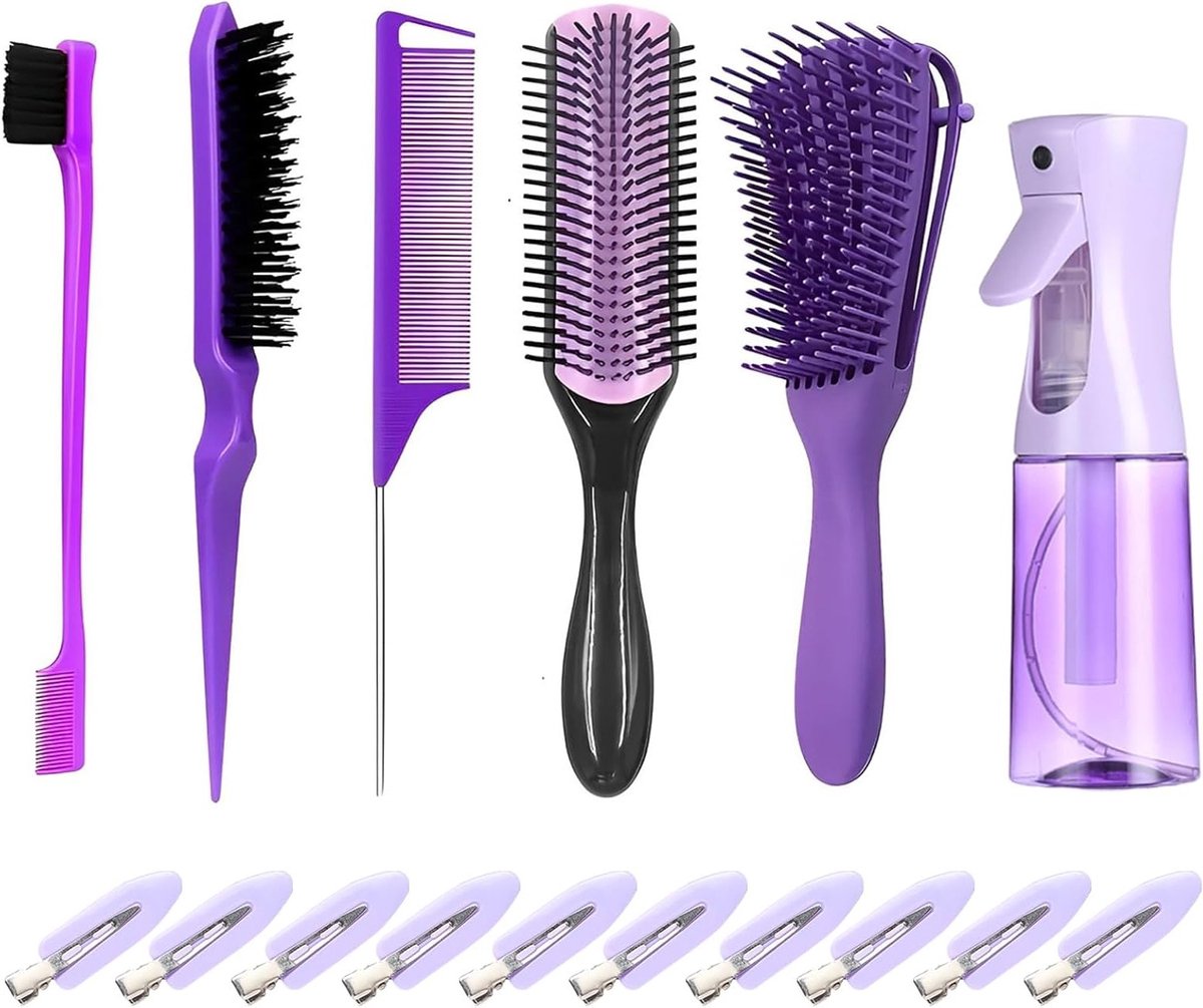 Set van Krul- en Natuurlijke Haarborstels met Staartkam, Ontklittende Borstel voor Frizzy Haar, Vernevelaar en Tangen voor Perfecte Styling