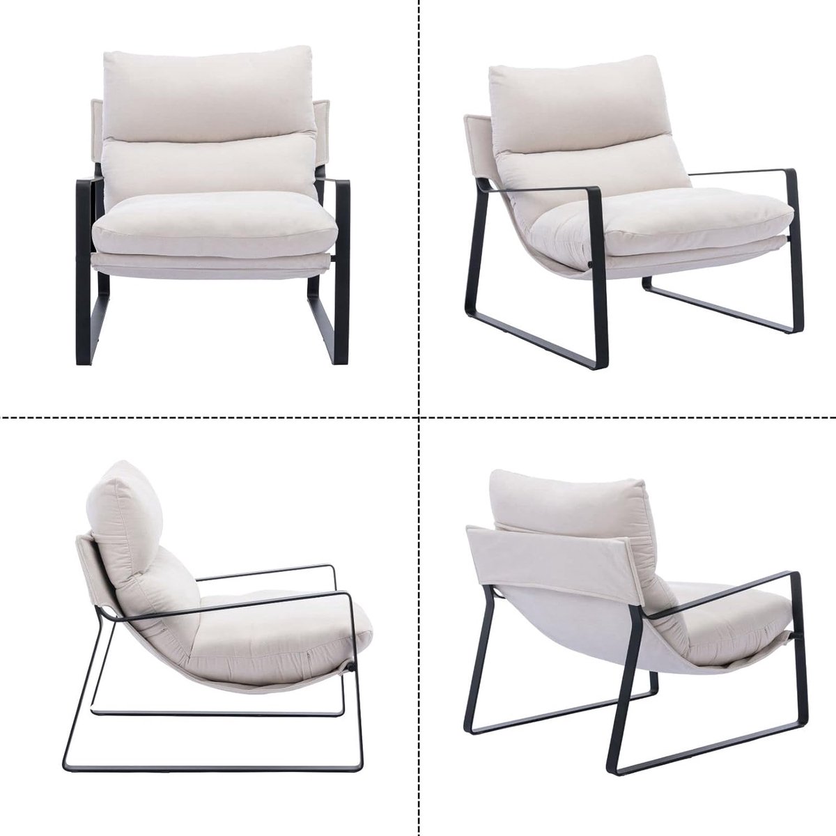 Fauteuil woonkamer – Industrohome Modern Beige Chenille Lounge Fauteuil met armleuningen – comfortabele design stoel met metalen frame en getufte rugleuning – 75,5 x 80 x 75 cm – moderne woonkamerstoel