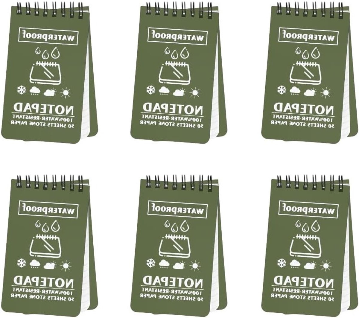 Waterdicht Pocket Notebook - Spiraal Gebonden - Groen - 3x5 Inch - 100 Pagina's - Grid Patroon - 6-Pack