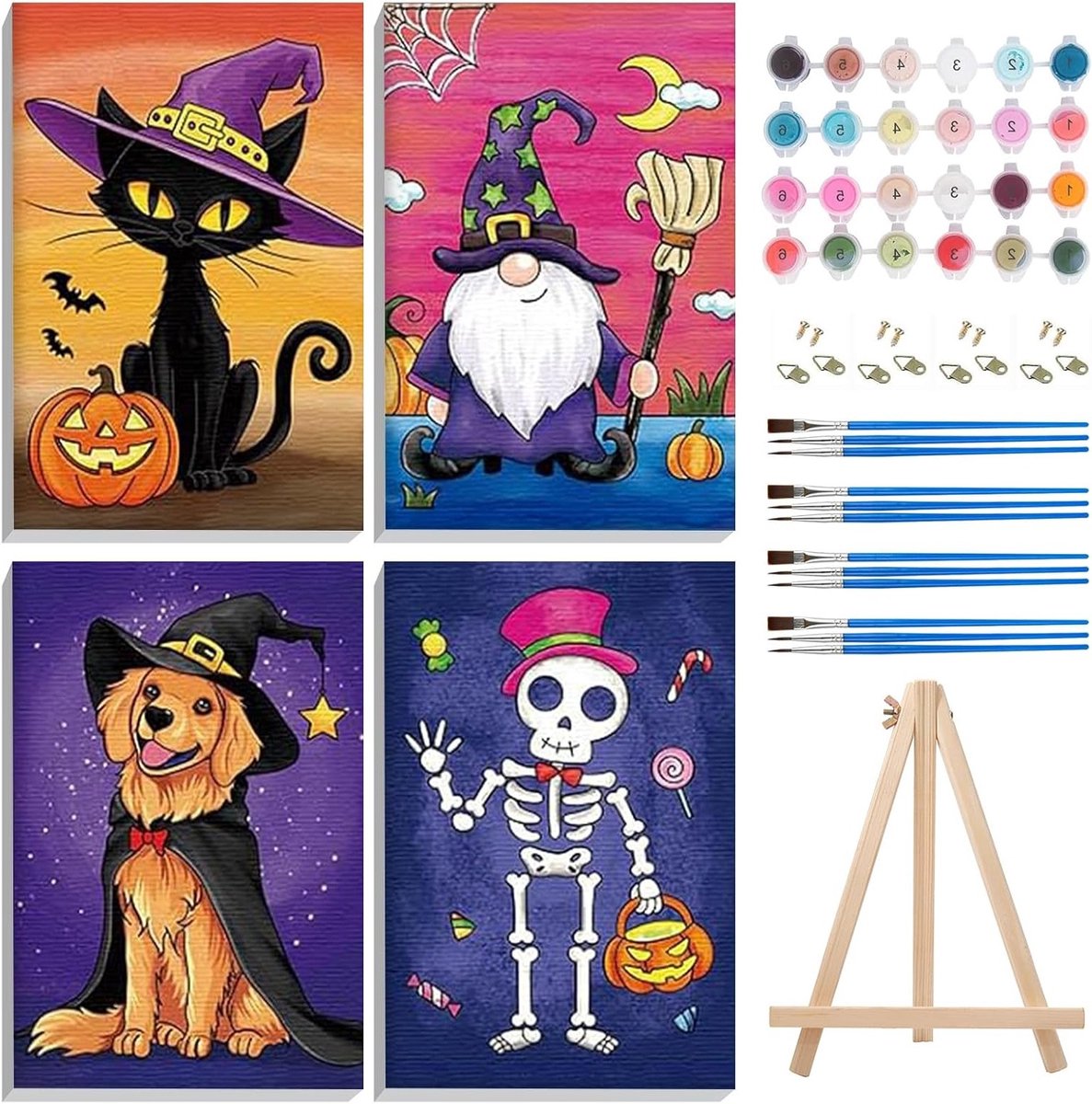 Framed Schilderen op Nummer Set voor Volwassenen - Halloween Thema met Houten Easel, Kat Olieverf Canvas Kit voor Thuisdecoratie, 20x30cm