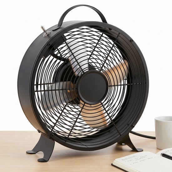 Lomera tafelventilator zwart met metalen behuizing, 2 snelheden, stil, retro design, bureau- en slaapkamerventilator