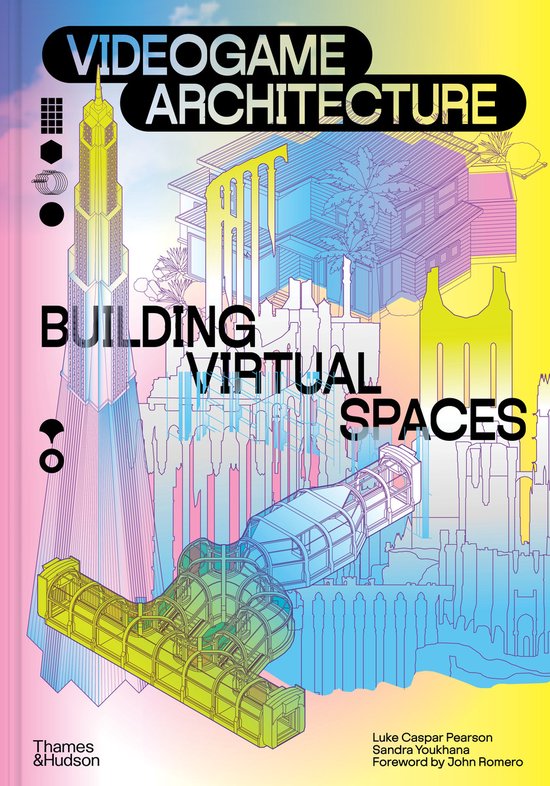 Boekomslag met de titel 'Videogame Architecture Building Virtual Spaces' in gele en roze letters, met constructies van gebouwen en een ruimteschip.