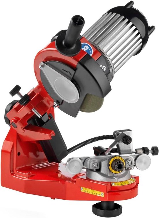 Elektrische kettingzaagslijper in rood met zilveren details, een slijpschijf en een hendel.