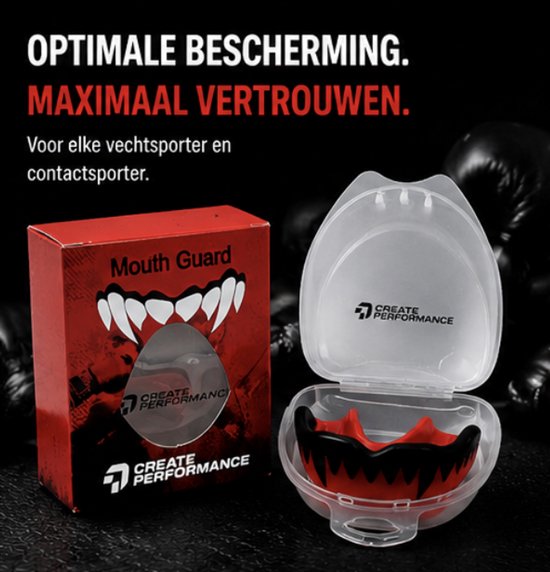 Rood/zwart gebitsbeschermer met vampiertanden, met een schild-icoon en gebroken stenen. Tekst 'OPTIMALE BESCHERMING. MAXIMAAL VERTROUWEN.'