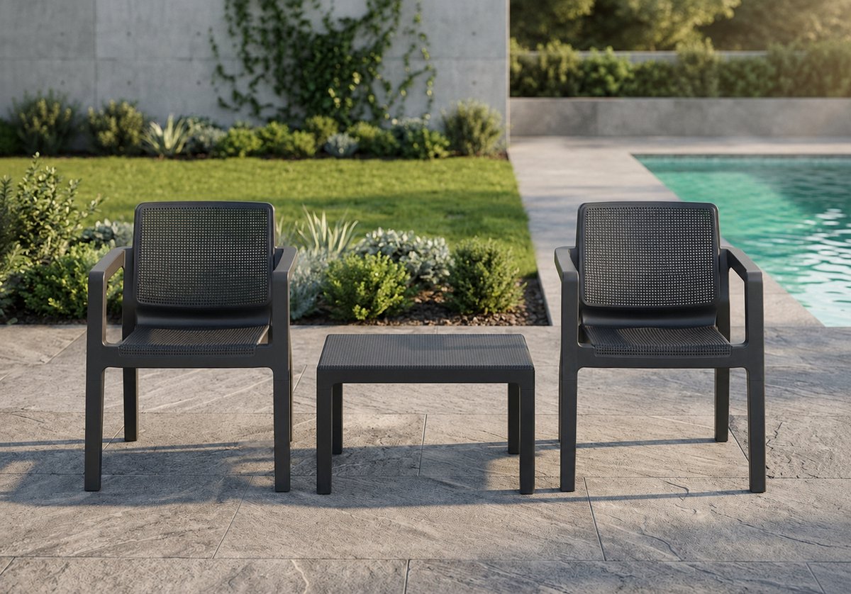 Luxe Emily 3-Delige Balkonset – Kunststof Tuinset met 2 Ergonomische Stoelen en Tafel – We