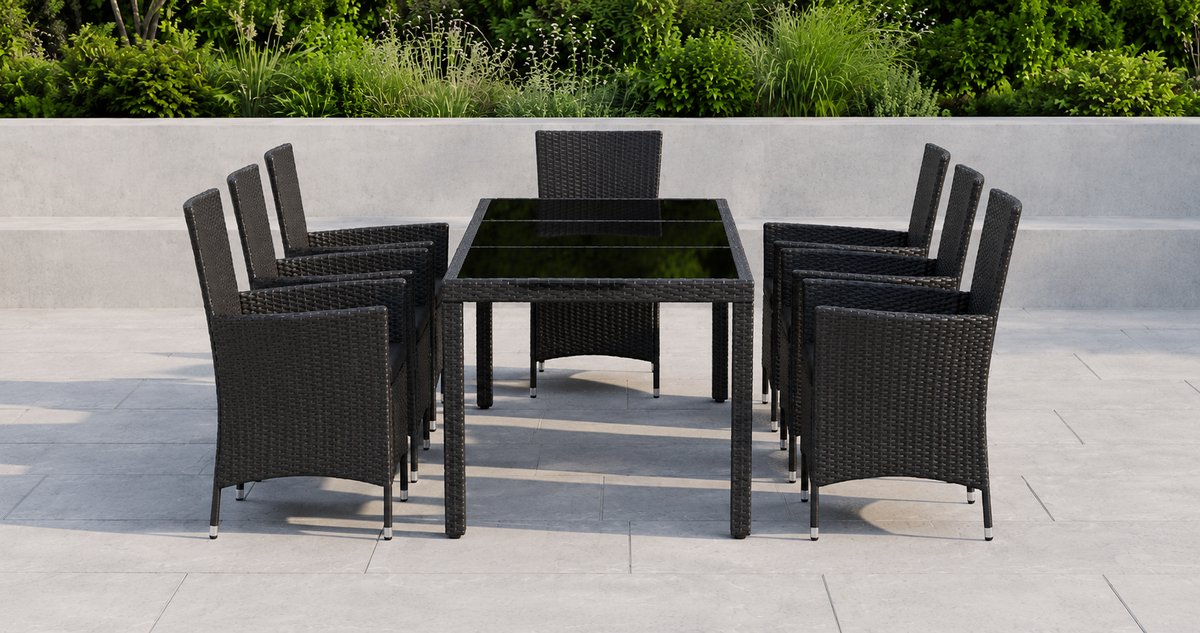 Luxe 9-delige Tuinset – Polyrotan Tuin-eetgroep met Glazen Tafelblad, Weerbestendige Tuinmeubelset met 8 Stoelen en Comfortabele Kussens – Outdoor Loungeset voor Tuin, Terras en Balkon – Zwart Industrohome