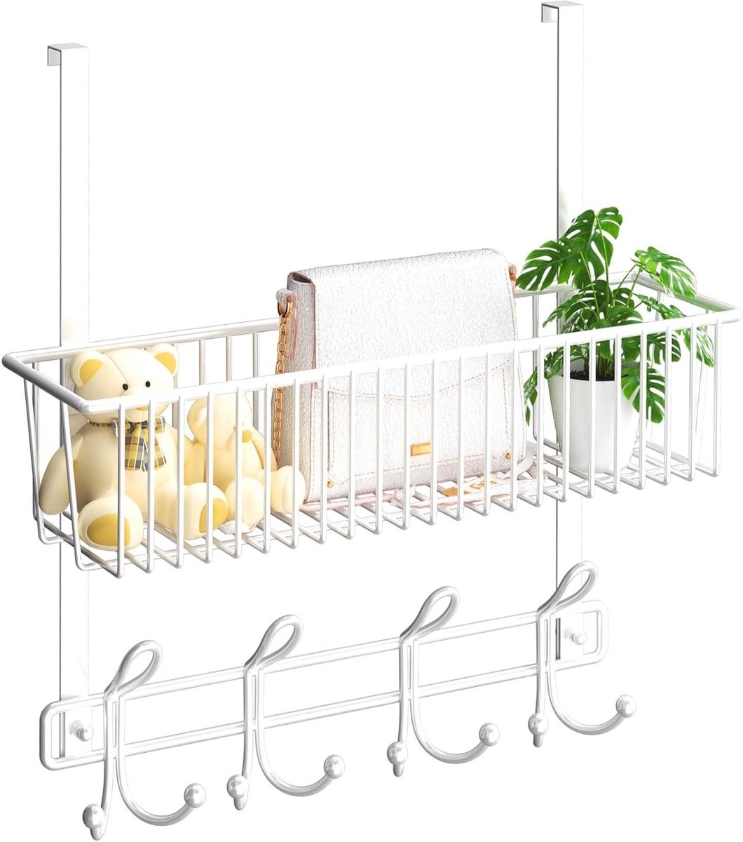 Deurhaken Organizer - Deuropslag Mand - Ruimte Maximaliseren - Met 12 Haken - 1 Mand - Wit