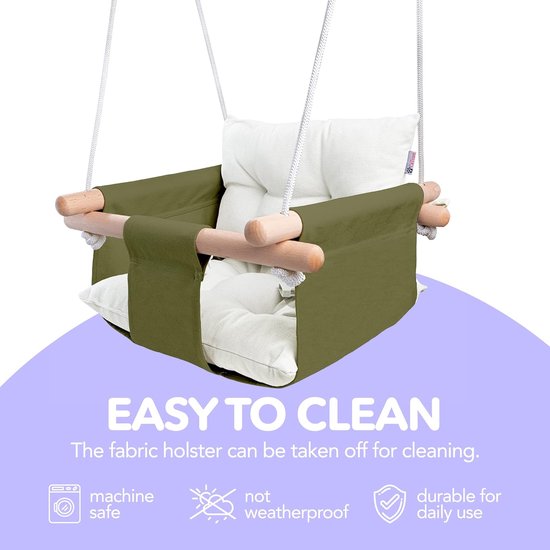 Houten babyschommel binnen, buiten, tuin. Babyschommel met veiligheidsgordel. Babyschommel voor binnen vanaf 12 maanden. Kinderzwaaideur, kamerschommel voor peuters, groen. van Dokon — afbeelding 4