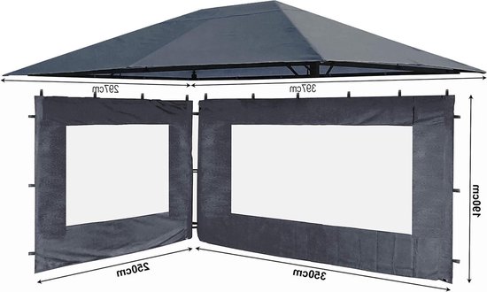 Donkergrijs paviljoendak met twee donkergrijze zijwanden, 320 cm en 250 cm breed, met witte vensters.