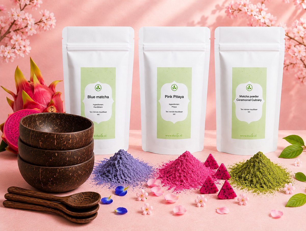 Smoothie Bowl Familie Set – 3 Kokosnoot Kommen met 3 Lepels + Natuurlijke Kleurstoffen Poeders – Blue Matcha, Pink Pitaya & Matcha – Matcha Latte - 3x 100 Gram
