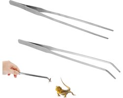 2 stuks reptielen aquarium pincet, 25 cm lange spinnen aquaria pincet en gebogen dobbelstenen, die worden gebruikt voor het voeren van slangen, schildpadden, kraaien en kraaien (zilver)