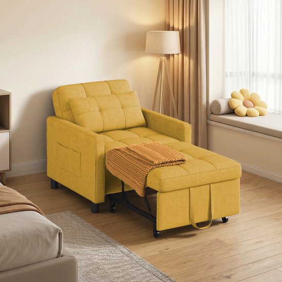 Bealife AR21 Slaapbank 1 Persoons - 3-In-1 Bank met Slaapfunctie - Verstelbare Bedbank - Sofa met Armleuningen voor Woonkamer Slaapkamer Logeerkamer -Geel