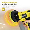 Gele polijstmachine met gele en oranje polijstschijven, klaar voor professioneel gebruik.