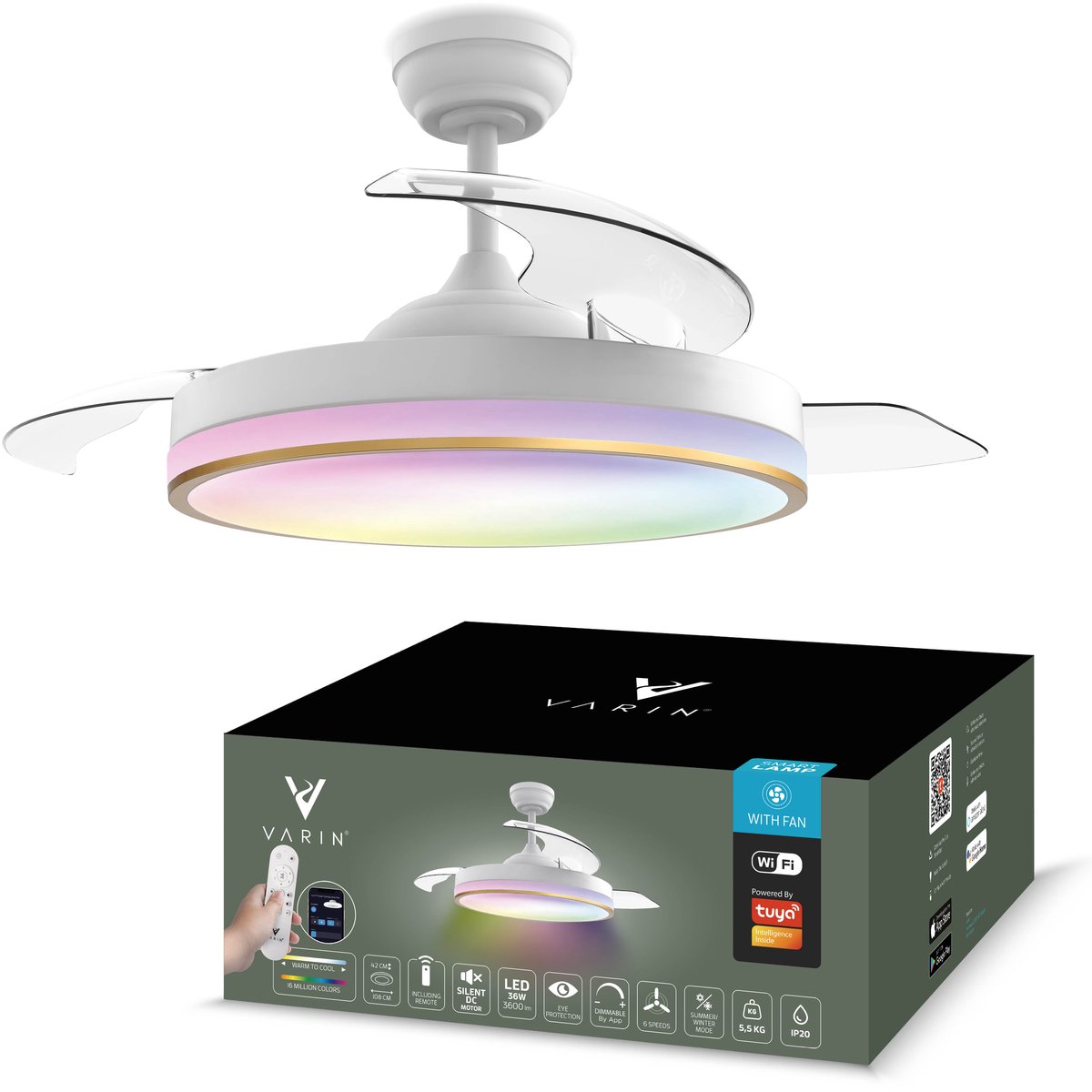 Varin® Smart Plafondventilator met LED verlichting RGBW - Wit/Goud - Tuya Wifi - Ø 50cm/108cm - Super stil - Smart lamp - Plafondlamp slaapkamer - Plafonniere woonkamer - Plafondlampen - Plafond lamp - Verlichting kinderkamer - Plafond ventilator
