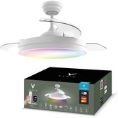 Witte Varin plafondventilator met LED-verlichting en verpakking. Inclusief afstandsbediening en Tuya Wifi.