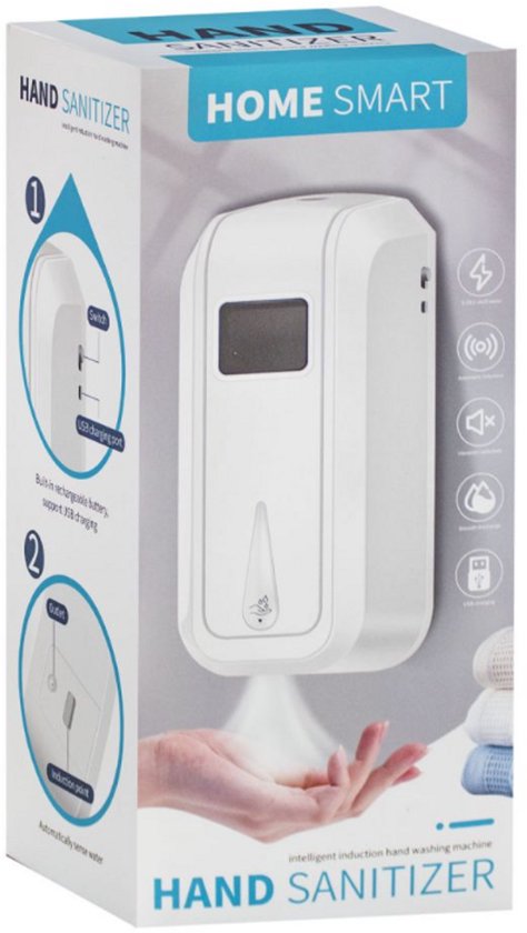 Witte automatische zeepdispenser "HOME SMART" op de verpakking, met instructies voor "switch" en "induction point".