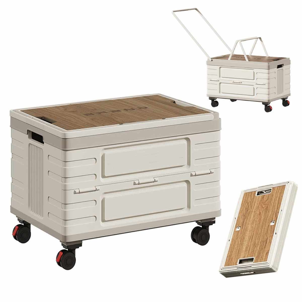 Meedeer Opvouwbare camping opbergkist-Campingbox met Verzwaarde houten deksel-60L-Met zwenkwielen en handgreep-Organizer-Voor -Camping-Thuis-Kantoor-Auto(Wit)