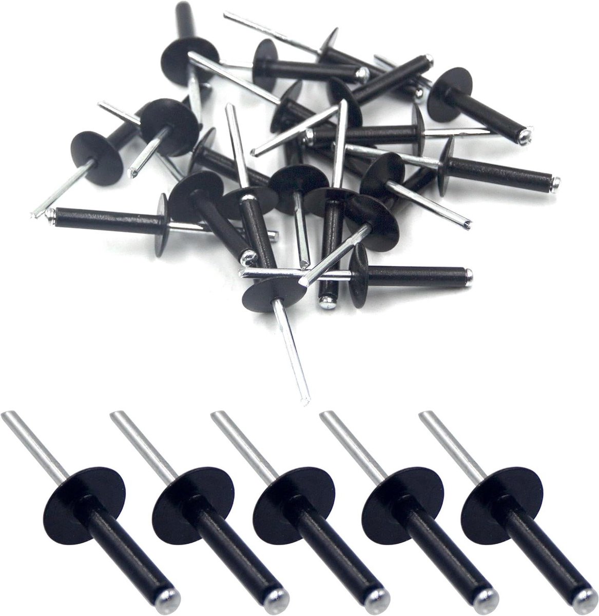 Aluminium Blinde Klinknagels - Grote Flens Klinknagels - Onderdelen Verbinden - Grotere Contactoppervlak - 4.8mm x 25mm - Zwart