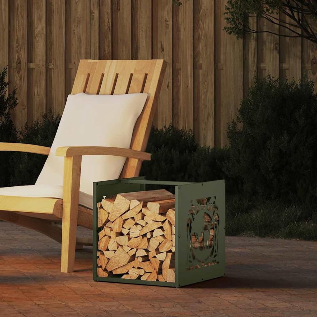 Gecheer 864252 Brandhoutrek olijfgroen, 40 x 40 x 40 cm, koudgewalst staal, haardhoutrek voor binnen en buiten, kampvuur, camping, reizen