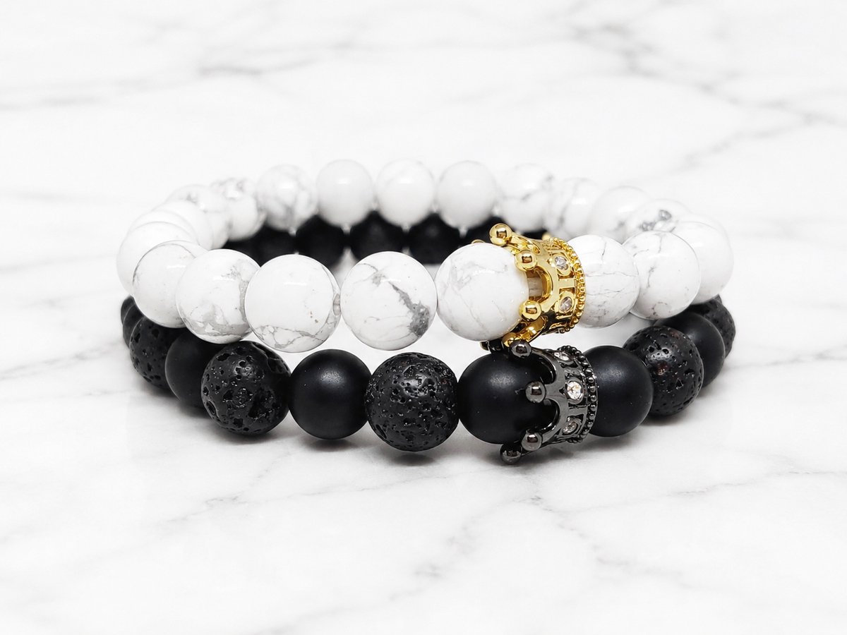 Mei's Everest The Royal Couple - Kralenarmband Set - Howliet & Lavasteen - Wit/Zwart - polsmaat 16,5 cm 18 cm