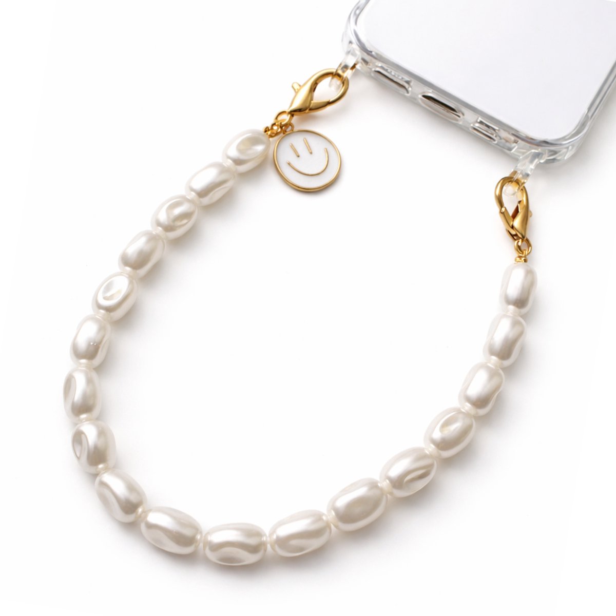 4SMH® Parel Telefoonkoord voor Pols - Kort Parel Koord 30 cm - Witte Smiley - Universeel met Lanyard Pad - Gouden Sluiting - GSM Accessoire