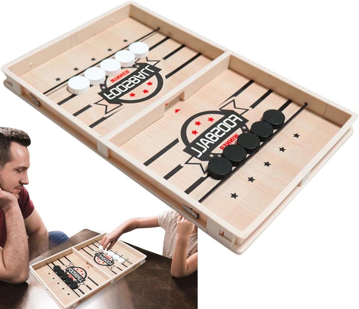 Sling Puck Spel - Stuiteren Schaken - Familie Entertainment - Stabiel Hout - 35x22x2.5cm - Houtkleur