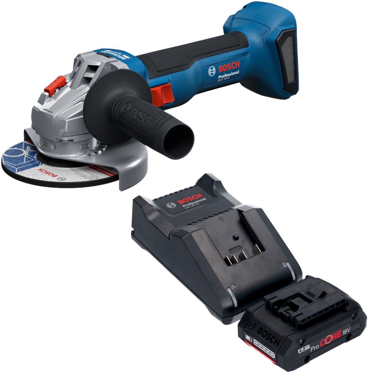 Bosch GWS 18V-8 Professional accu-haakse slijper 18 V 125 mm borstelloos + 1x ProCORE-accu 4,0 Ah + oplader