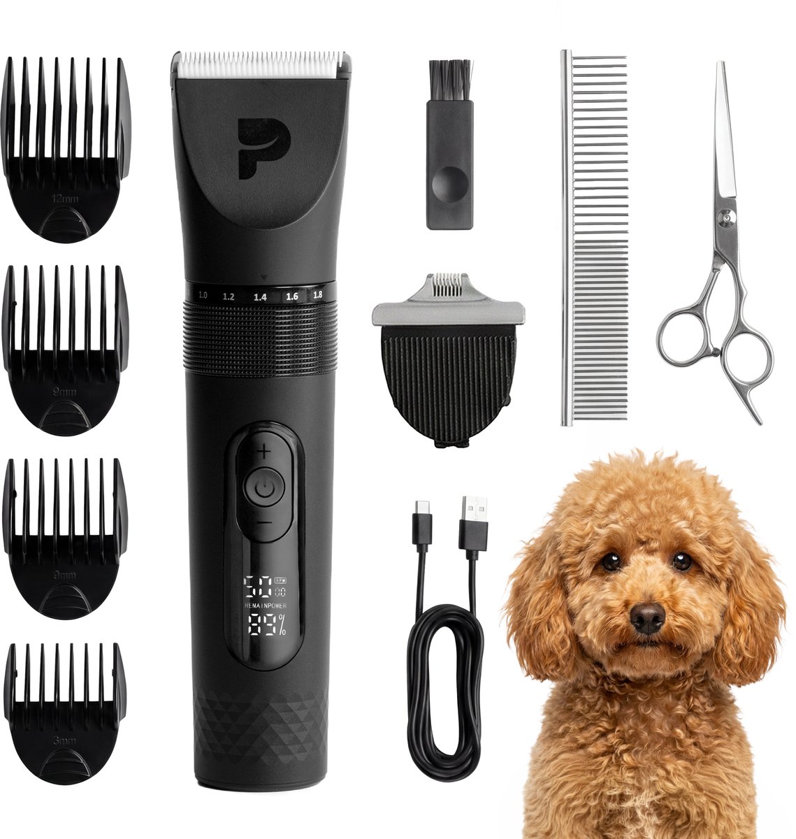 PELUVIO nikos hondentondeuse - professionele draadloze trimmer voor honden - 5 snelheden (5000-7000 rpm) - keramisch-stalen mes - 180 min accu - ipx7 waterdicht - led display - 4 opzetkammen + detailkop - aluminium behuizing - usb-c