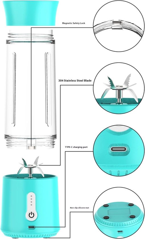 Oneay Draagbare Blender met USB-oplaadfunctie - Compacte Smoothiemaker met 500 ml Glazen Beker - 304 RVS Messen - Ideaal voor Shakes en Smoothies (Blauw) van Merkloos — afbeelding 5