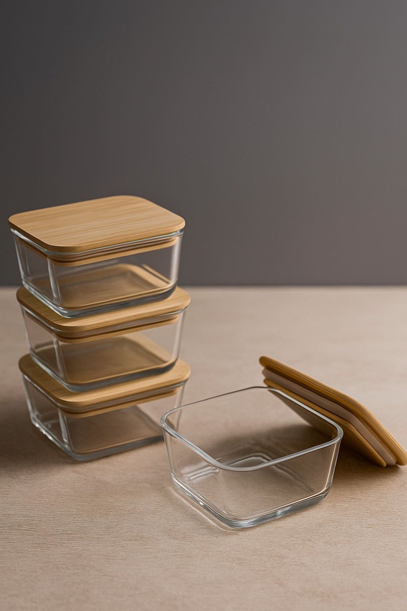 Asir - Opbergdozenset (8 stuks) - Transparant - 100% GLAS - 20 x 20 x 7 cm