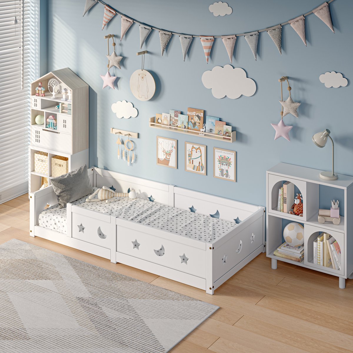 ROSAHQNDA Vloerbed - Kinderbed 90x200 cm - Vloerbed met valbeveiliging - Montessori bed - Wit