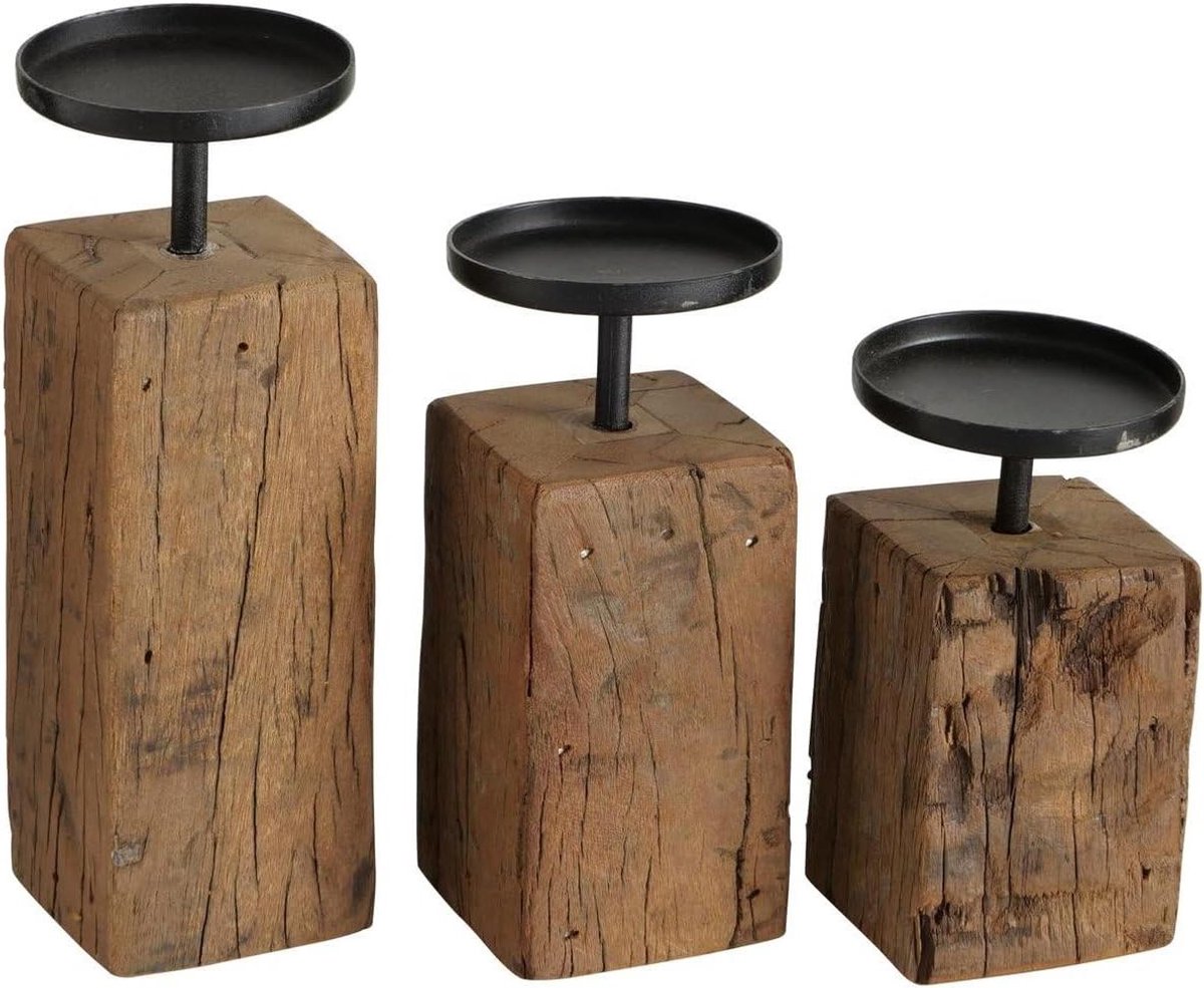 Kandelaar set - Kaarsenhouder - Sfeer creëren - Gerecycled drempelhout - 3-delig - Natuur zwart