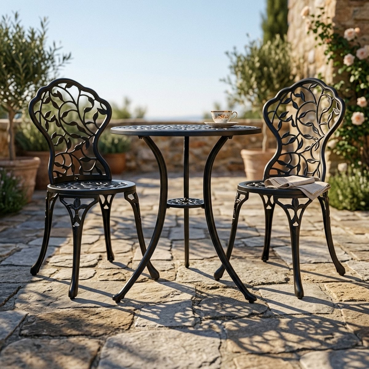 Vintage Royale 3-delige Antieke Aluminium Tuinset – Klassieke Bronzen Bistroset met 2 Stoe